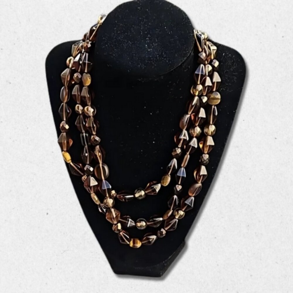 Vintage Inspired Glass Beaded Necklace Three Stranded Lobster Clasp Brown W OS